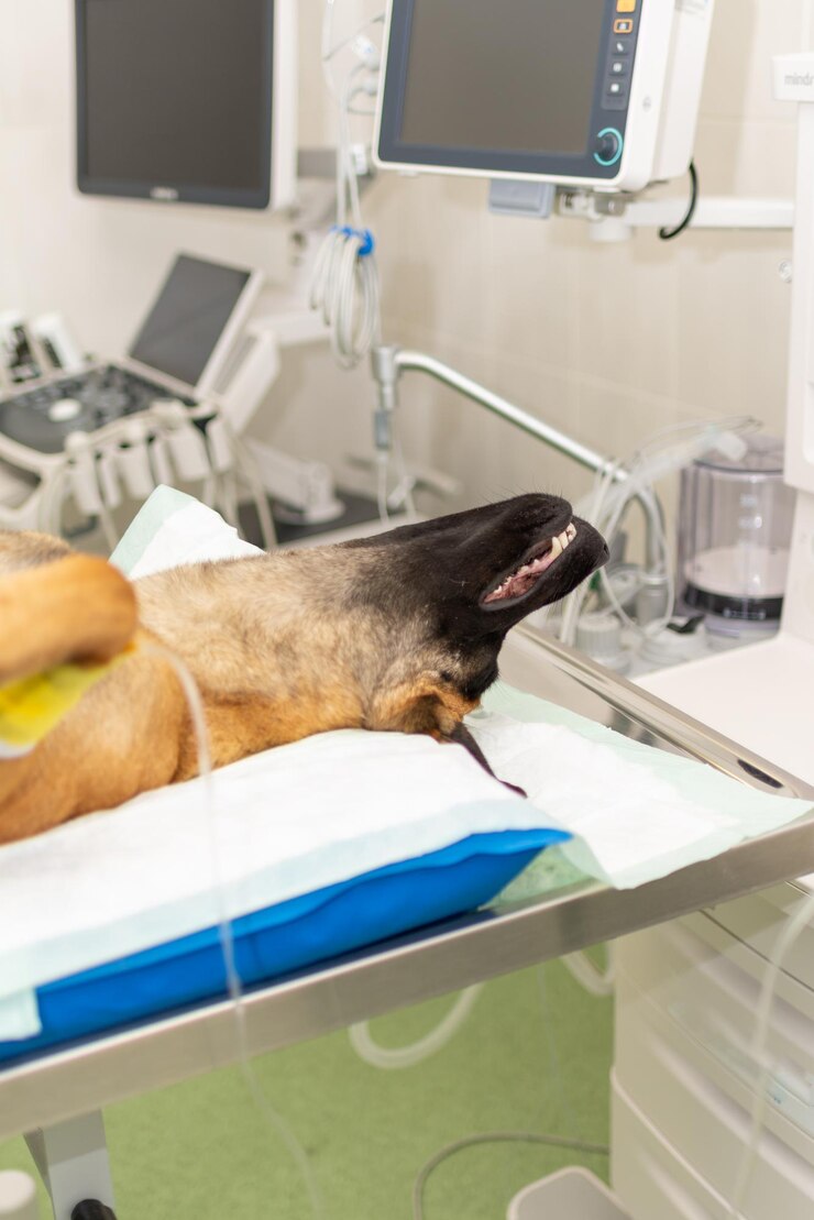 Foto cão sob anestesia durante a cirurgia em uma clínica veterináriao pastor alemão é anestesiadoconceito veterinário