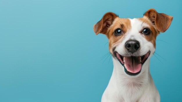 Cão sorridente engraçado Jack Russell Terrier isolado em fundo azul com fotografia de animais de estimação do espaço de cópia