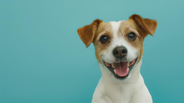 Cão sorridente engraçado Jack Russell Terrier isolado em fundo azul com fotografia de animais de estimação do espaço de cópia