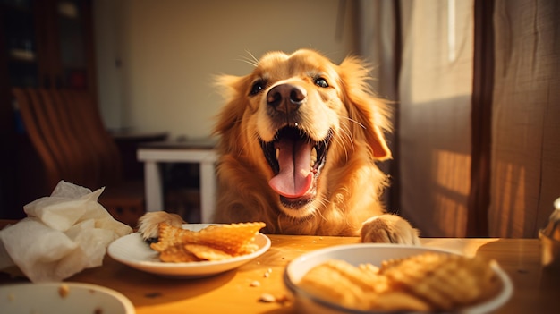 Cão sorridente feliz com a comida