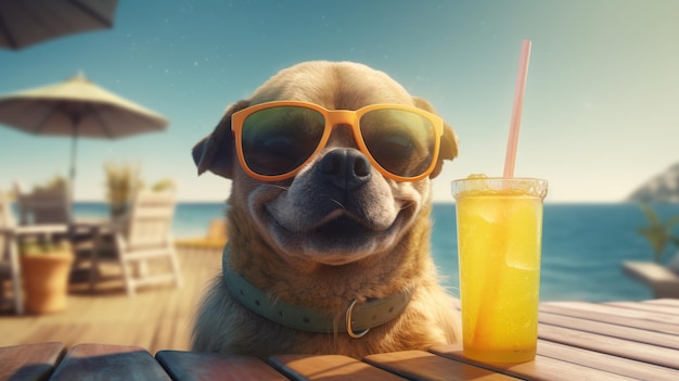 Cão sorridente feliz com óculos escuros e bebidas no fundo da praia Conceito de tempo de viagem de férias