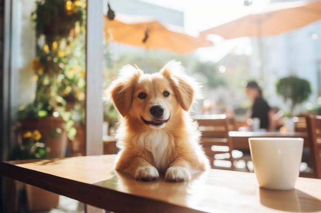 Cão sorridente fofo sentado no café da cidade e esperando o dono Conceito amigável para animais de estimação