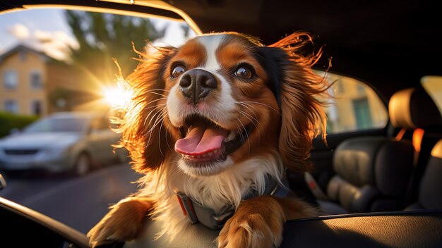 Cão sozinho está trancado no carro no calor dia quente uiva e gemidos pede água no verão ensolarado