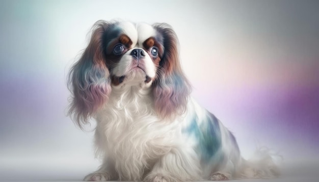 Cão Spaniel de Brinquedo Inglês Plano Médio Branco Rosa Azul Fantasia Mágica Bokeh Generativa IA