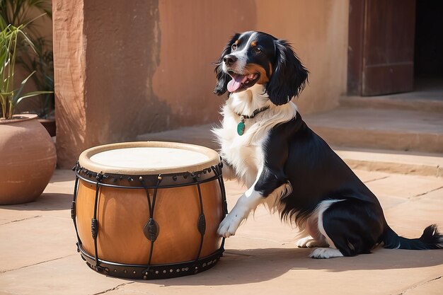 Foto cão spaniel tocando no tambor indiano