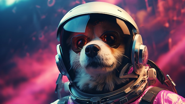 Cão Spitz em capacete de astronauta em fundo azul renderização 3D gerar AI