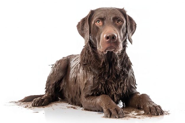 cão sujo coberto de lama isolado em branco