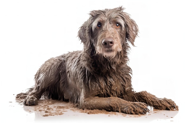 cão sujo coberto de lama isolado em branco