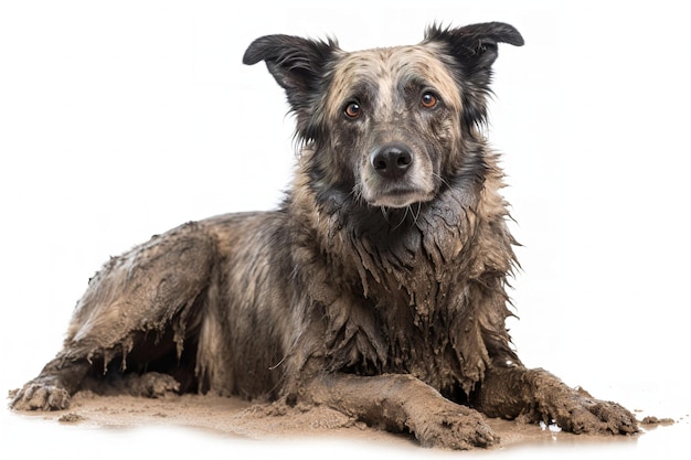 cão sujo coberto de lama isolado em branco