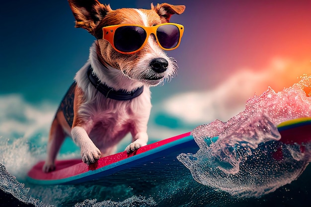 Cão surfista engraçado se diverte cavalgando Generative AI