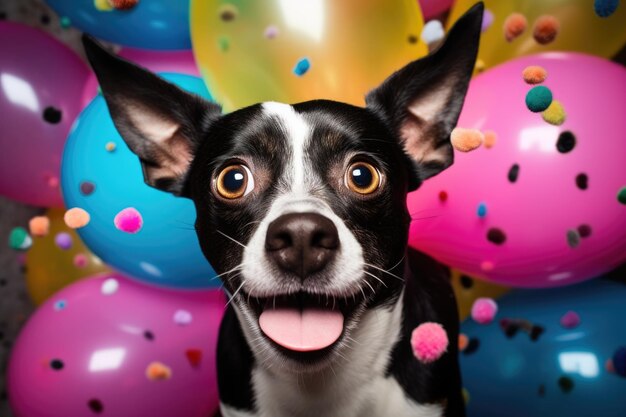 Cão surpreendido em fundo sólido brilhante com balões coloridos conceito de feliz aniversário