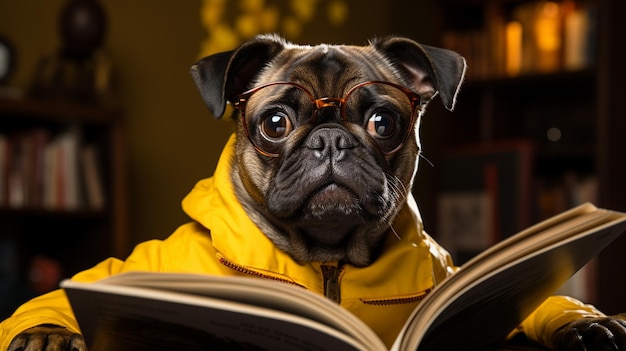 Cão surpreso com um livro.