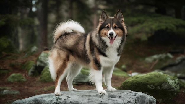 Cão Tamaskan de pé em uma rocha em uma floresta