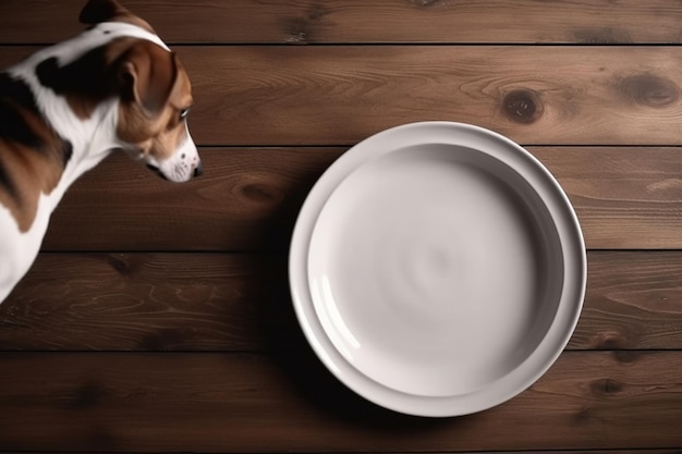 Cão tenta comer de um prato de cerâmica vazio em uma velha mesa de madeira vintage com conceito de vista superior branca