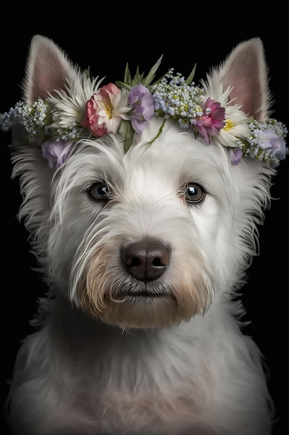 Cão terrier branco de West Highland com uma coroa de flores na cabeça em um fundo preto