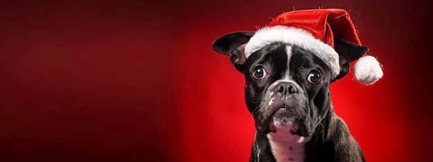 Cão terrier de Boston feliz e alegre em um chapéu de Papai Noel em um fundo vermelho brilhante claro Natal