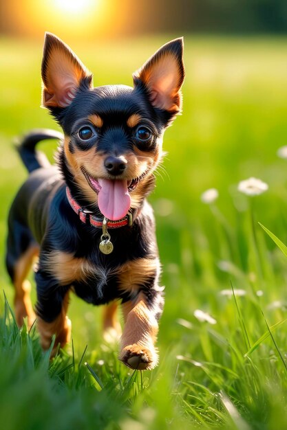 Cão terrier de brinquedo feliz correndo sobre um prado verde