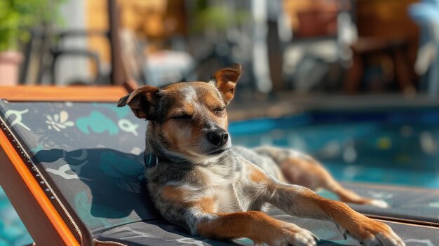 Foto cão tomando banho de sol em uma cadeira de terraço