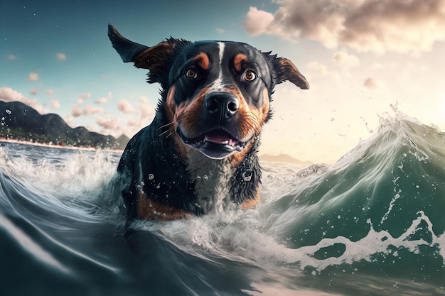 Foto cão usa roupa de banho, surf na água, paisagem cinematográfica. ia generativa