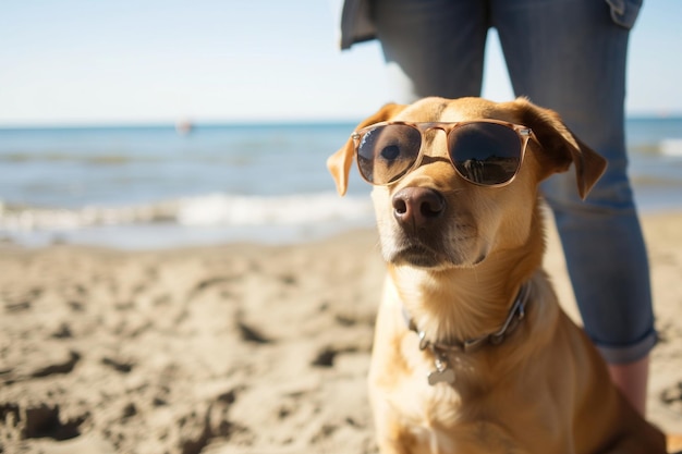 Cão usando óculos de sol ao lado de uma pessoa na praia