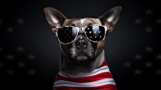 Foto cão usando óculos de sol com estilo de bandeira americana