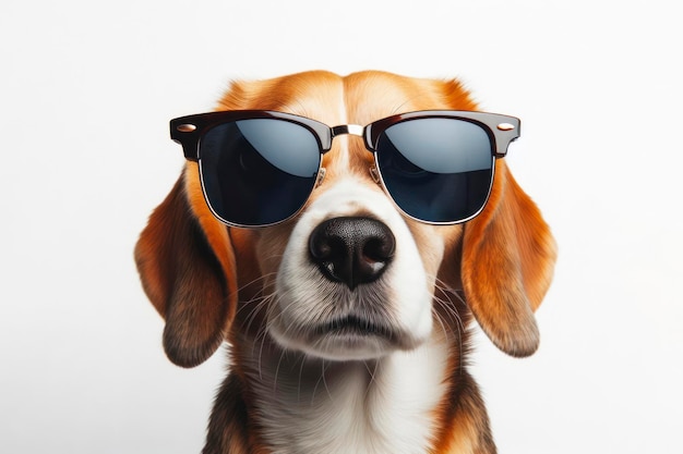 cão usar óculos de sol com expressões faciais estranhas em fundo branco sólido