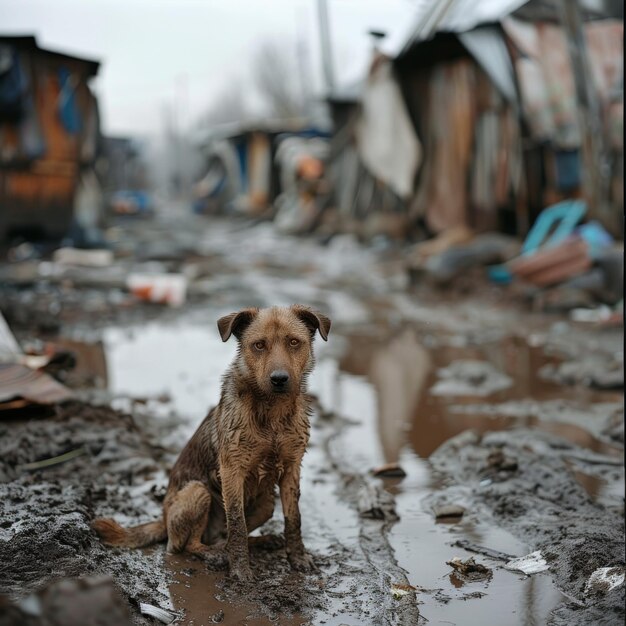 Foto cão vagabundo em uma área de favelas lamacentas possível uso em defesa do bem-estar animal ou questões sociais