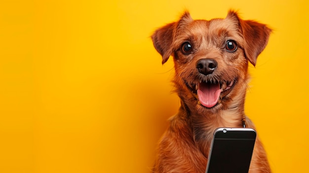 cão vagabundo segurando um telefone celular com suas patas em um fundo amarelo simples simulando uma foto de estúdio