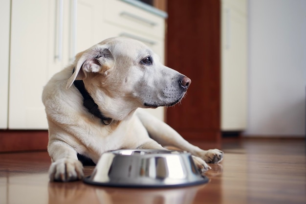 Cão velho à espera de alimentar um labrador retriever deitado perto de uma tigela vazia na cozinha da casa