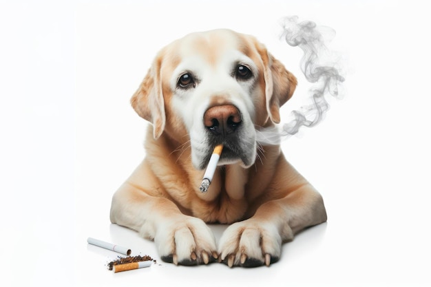 Cão velho fumando um cigarro em um fundo branco