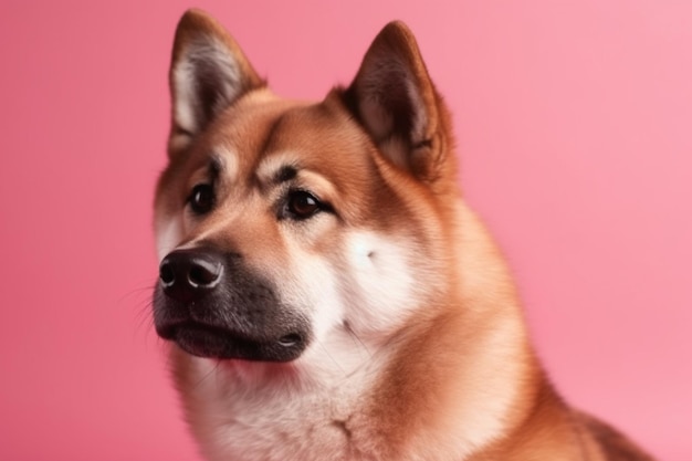 Cão vermelho japonês akita inu em um fundo rosa close-up o conceito de amor por cães