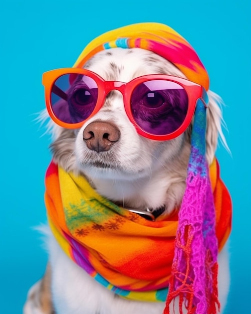 Cão vestido de forma elegante usando óculos de sol e um lenço em um fundo azul