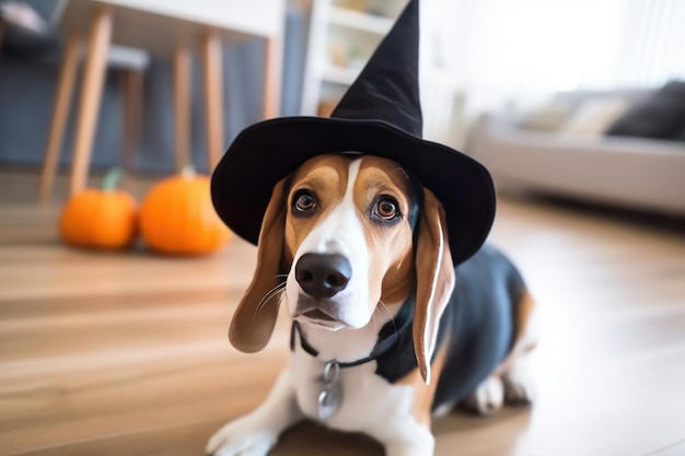 Cão vestindo chapéu de bruxa de Halloween