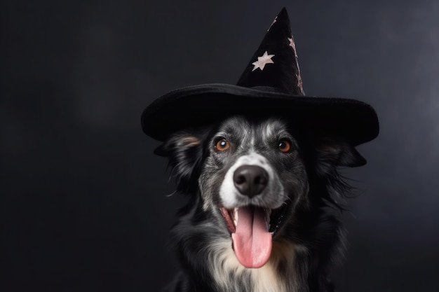 Cão vestindo chapéu de bruxa de Halloween