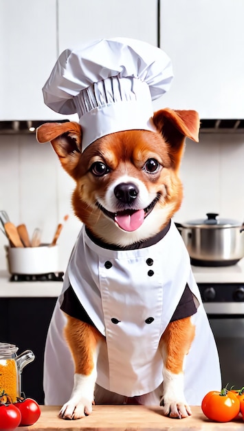 Cão vestindo chapéu de chef e avental cozinhando na cozinha