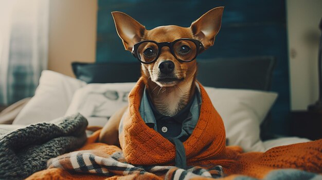 Cão vestindo suéter e óculos em cima da cama