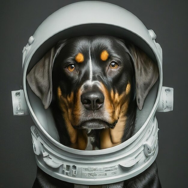 Cão vestindo um capacete que diz missão espacial