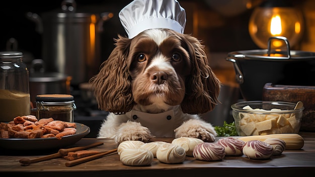 cão vestindo um chapéu de chef e avental