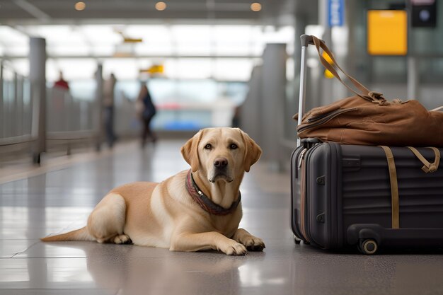 Cão viajante com mala de bagagem no aeroporto AI generative