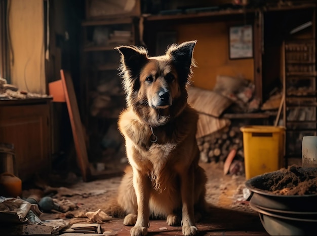 Cão vira-lata senta-se em uma velha casa abandonada em iluminação dramática AI gerada AI generativ