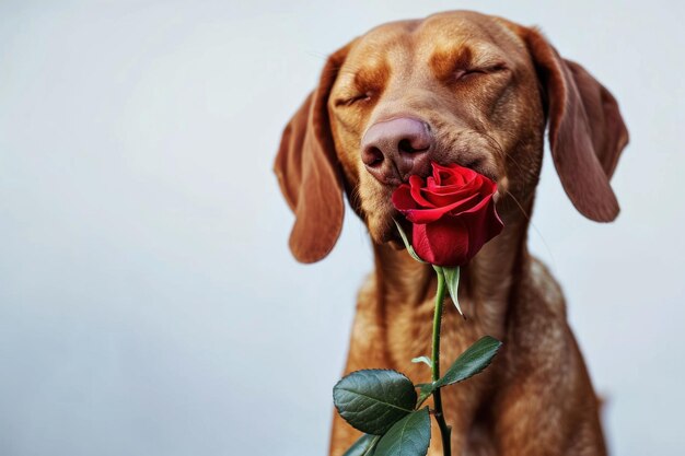Foto cão vizsla ruivo segura uma rosa vermelha para o dia dos namorados