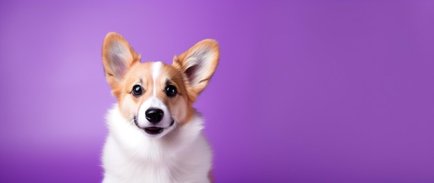 Foto cão welsh corgi bonito em fundo roxo