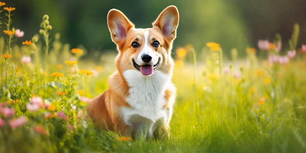 Cão Welsh Corgi em fundo de grama Retrato de cão bonito no parque IA generativa