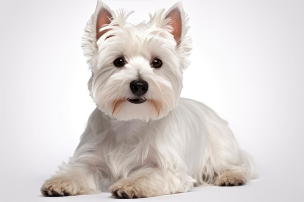 Foto cão west highland white terrier sentado em um fundo branco