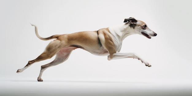 Foto cão whippet saltando no estúdio isolado em fundo branco