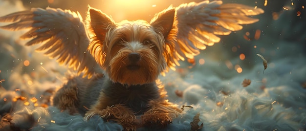 Cão Yorkshire Terrier com asas de anjo no céu Conceito Animais de estimação Yorkshire Terrier Angel Wings Sky Photography