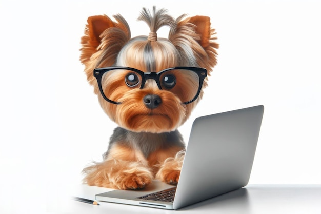 Cão Yorkshire Terrier com óculos e um olhar surpreso em seu rosto está olhando para um laptop em fundo branco