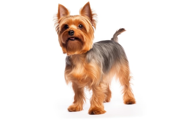 Cão Yorkshire Terrier em pé sobre um fundo branco