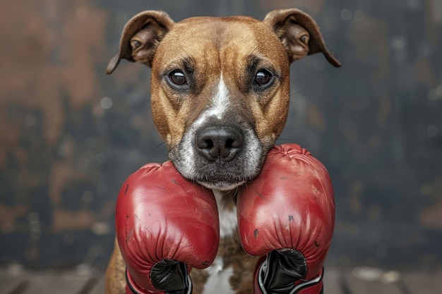 Cão zangado usando luvas de boxe