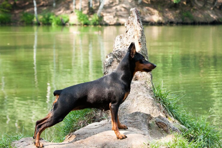 Foto cão zwergpinscher em pé em um obstáculo à beira da água